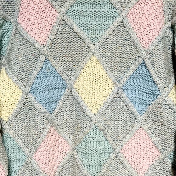 Vintage 80’s Wool Patchwork Chunky knit Pastel Sweater Womens M - Picture 3 of 5